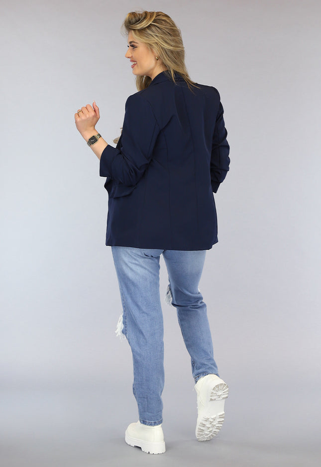 Marine Blauwe Blazer met Geplooide Driekwart Mouwen