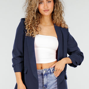 Marine Blauwe Blazer met Geplooide Driekwart Mouwen