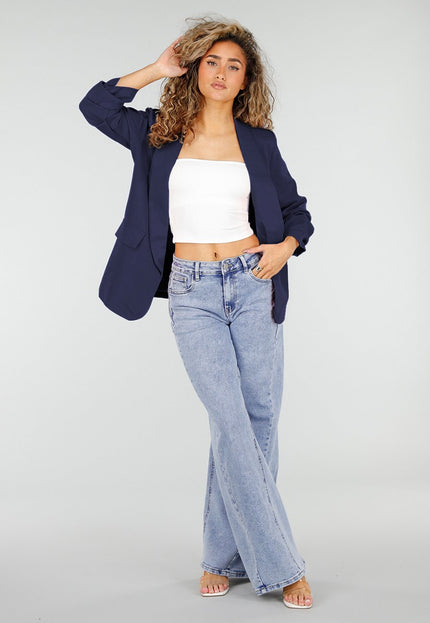 Marine Blauwe Blazer met Geplooide Driekwart Mouwen