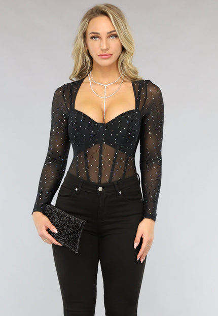 Mesh Glitter Bodysuit met Korset Look