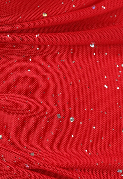 OP=OP.AV.12 Mesh Glitter Jurk in Rood met Pofmouwen