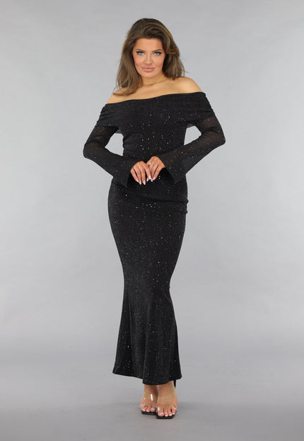 Mesh Off Shoulder Glitter Maxi Jurk