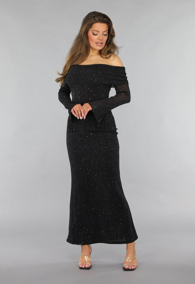 Mesh Off Shoulder Glitter Maxi Jurk