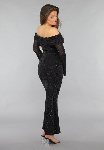 Mesh Off Shoulder Glitter Maxi Jurk
