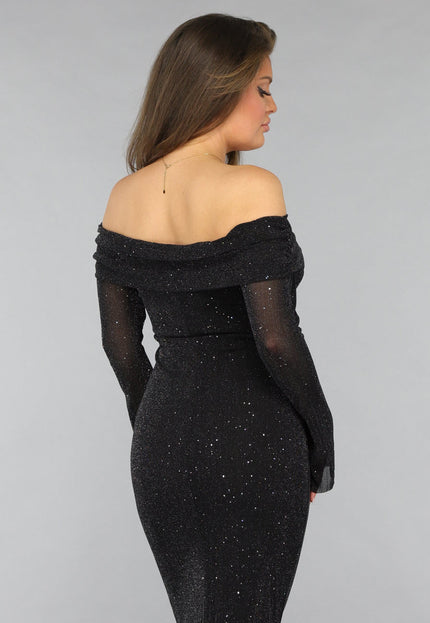 Mesh Off Shoulder Glitter Maxi Jurk