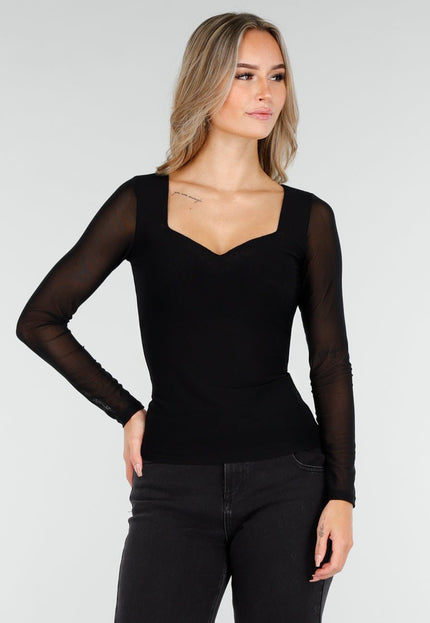 NEW240925 Zwarte Mesh Top met Lange Mouw