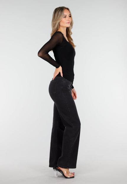 NEW240925 Zwarte Mesh Top met Lange Mouw