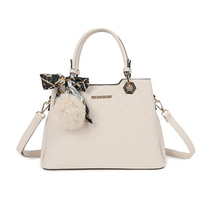 OP=OP.07.NL Creme Handtas met Reliëf en Pompon