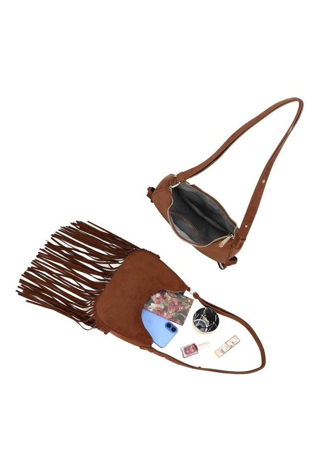 OP=OP.07.NL Bruine Schoudertas met Franjes