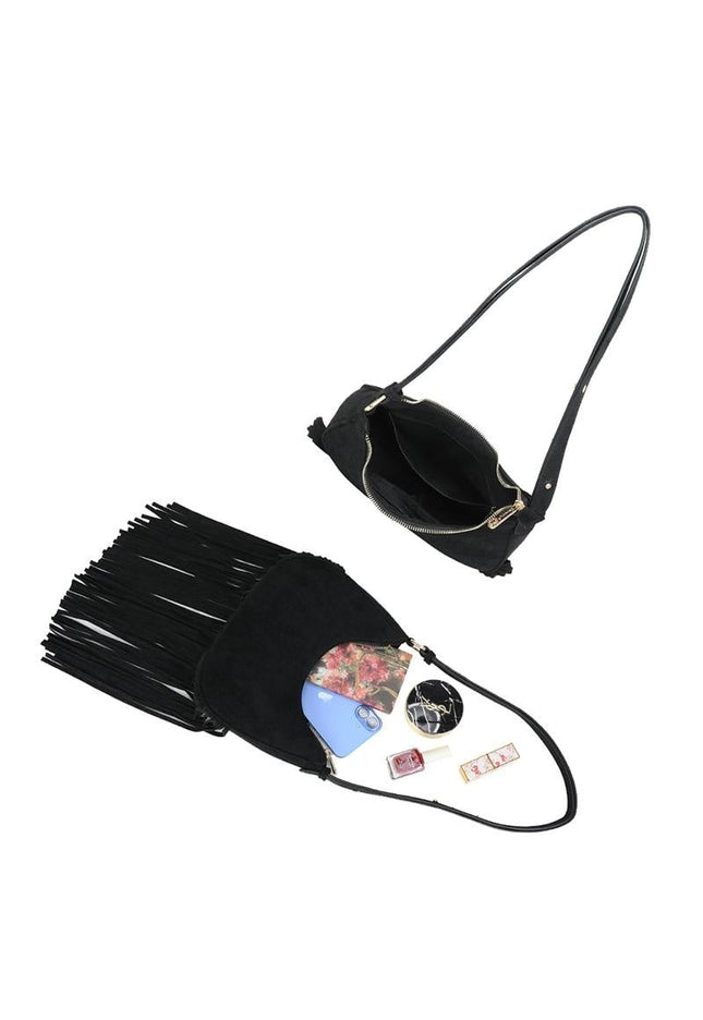 OP=OP.07.NL Zwarte Schoudertas met Franjes