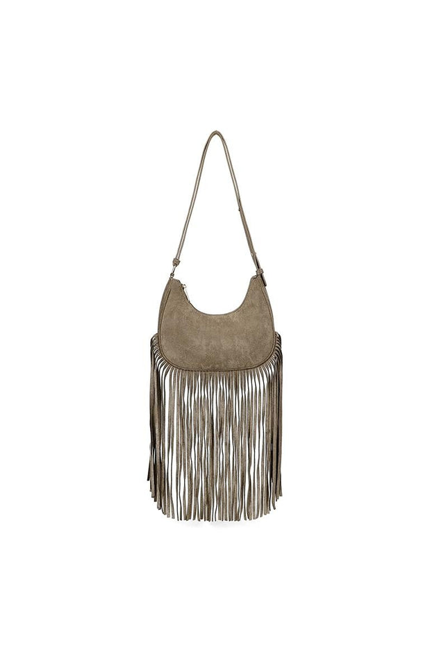 OP=OP.07.NL Taupe Schoudertas met Franjes