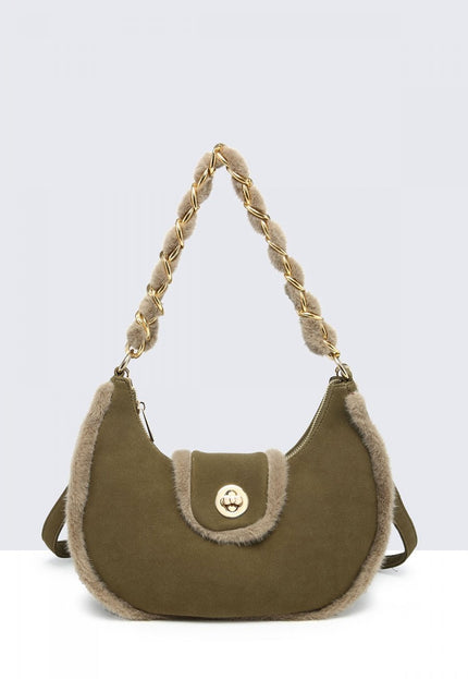 OP=OP.07.NL Groene Schoudertas met Bont en Ketting