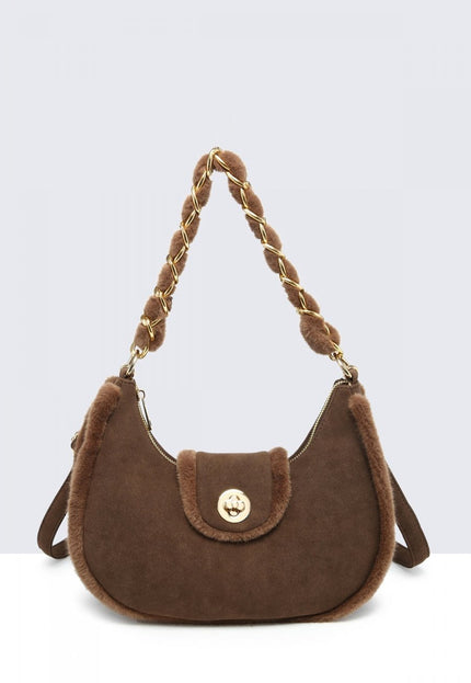 OP=OP.07.NL Bruine Schoudertas met Bont en Ketting