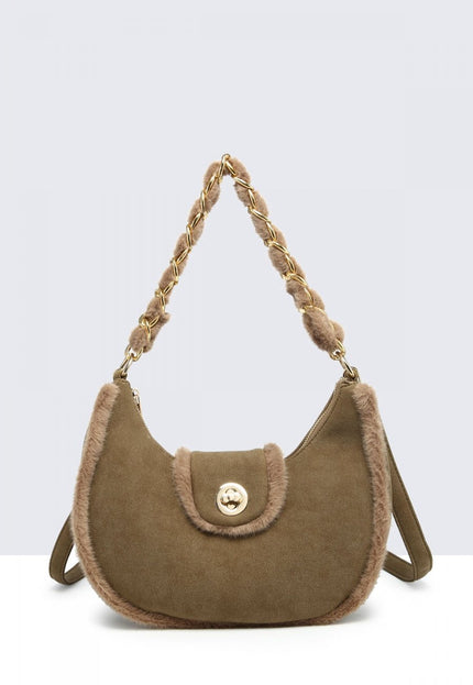 OP=OP.07.NL Suède Schoudertas in Khaki met Bontdetails