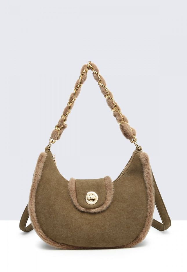 OP=OP.07.NL Suède Schoudertas in Khaki met Bontdetails