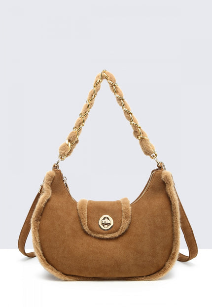 OP=OP.07.NL Suède Schoudertas in Camel met Bontdetails