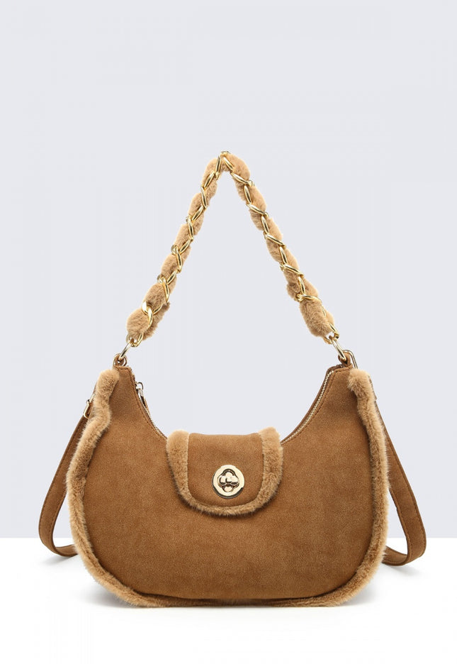 OP=OP.07.NL Suède Schoudertas in Camel met Bontdetails