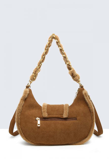 OP=OP.07.NL Suède Schoudertas in Camel met Bontdetails