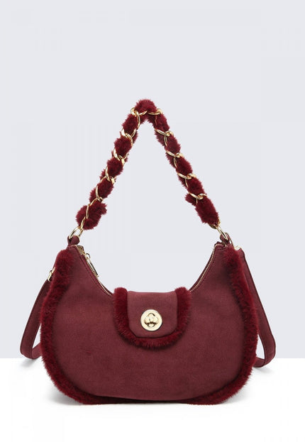 OP=OP.07.NL Bordeaux Schoudertas met Bont en Ketting
