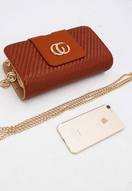 OP=OP.07.NL Clutch Cognac Gevlochten Leer