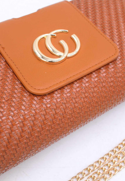 OP=OP.07.NL Clutch Cognac Gevlochten Leer