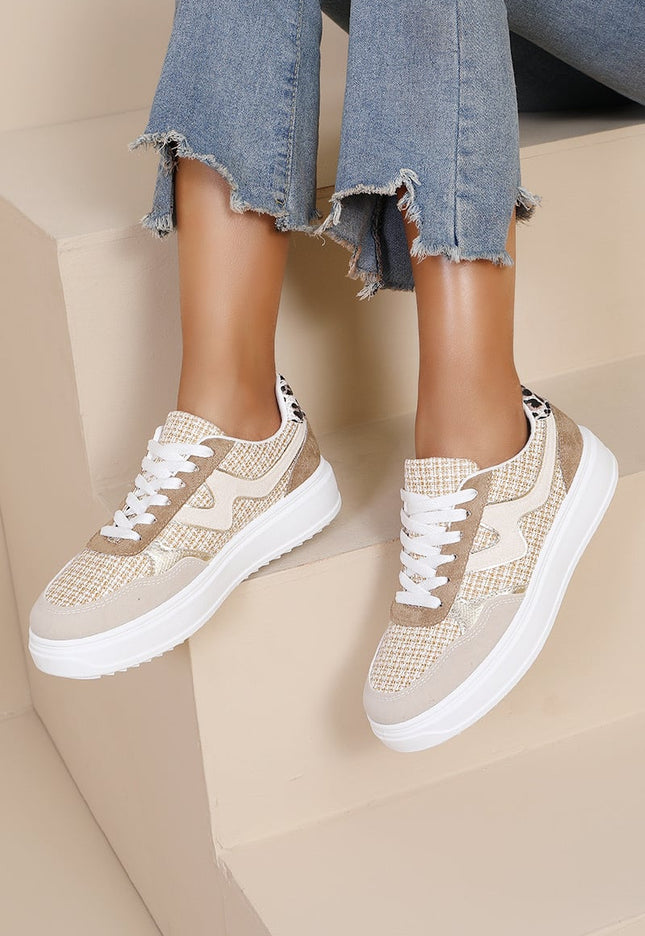 NEW250326 Beige Sneakers met Veters en Plateau Zool