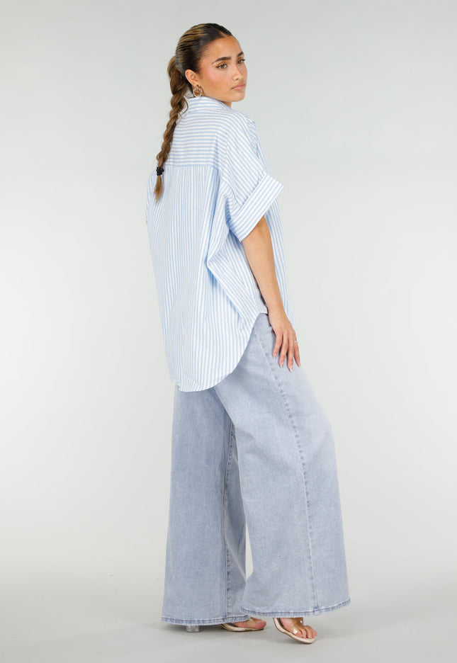 NEW290426 Lichtblauwe Gestreepte Oversized Blouse