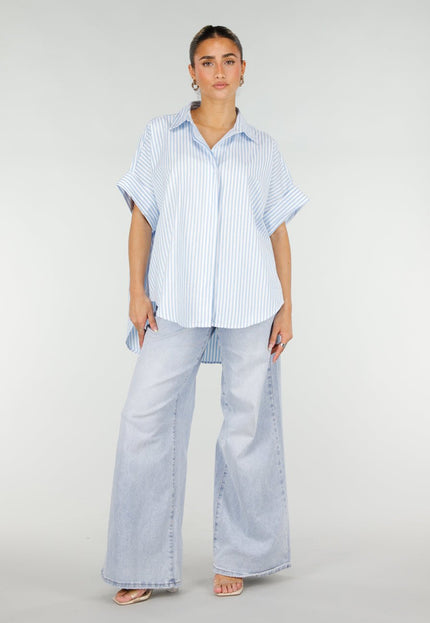 NEW290426 Lichtblauwe Gestreepte Oversized Blouse