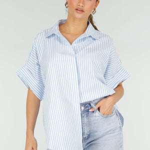 NEW290426 Lichtblauwe Gestreepte Oversized Blouse