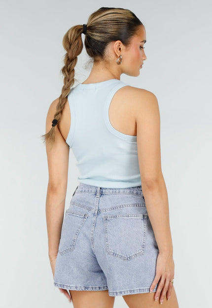 NEW290426 Lichtblauwe Rib Tanktop met Roze Tekst