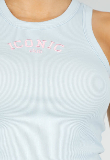NEW290426 Lichtblauwe Rib Tanktop met Roze Tekst