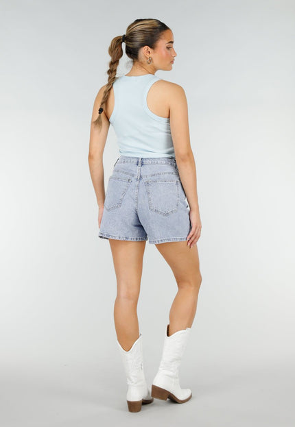 NEW290426 Lichtblauwe Rib Tanktop met Roze Tekst