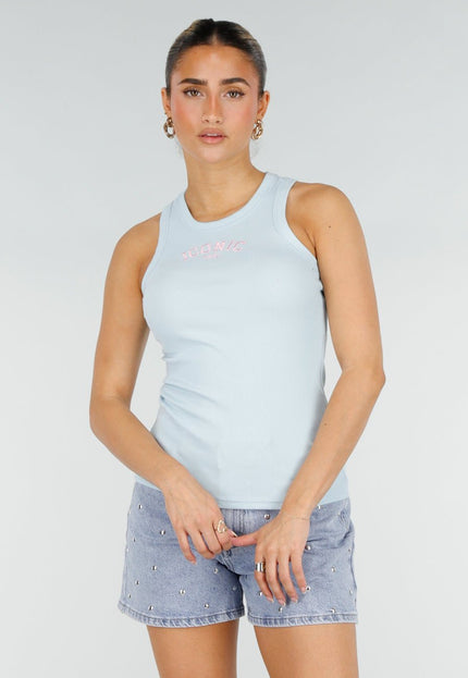 NEW290426 Lichtblauwe Rib Tanktop met Roze Tekst