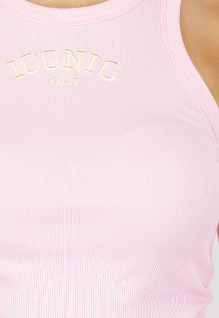 NEW290426 Roze Rib Tanktop met Gele Tekst