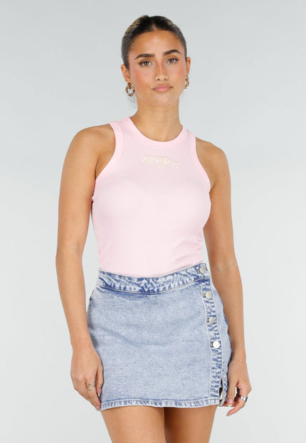 NEW290426 Roze Rib Tanktop met Gele Tekst