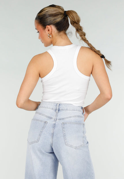 NEW290426 Witte Rib Tanktop met Roze Tekst