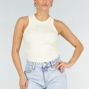 NEW290426 Lichtgele Rib Tanktop met Blauwe Tekst