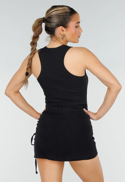 NEW290426 Zwarte Rib High Neck Top met Tekst