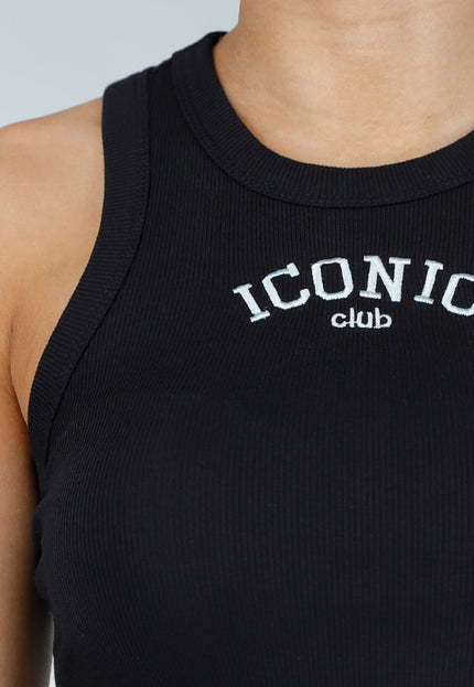 NEW290426 Zwarte Rib High Neck Top met Tekst