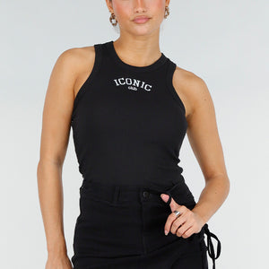 NEW290426 Zwarte Rib High Neck Top met Tekst