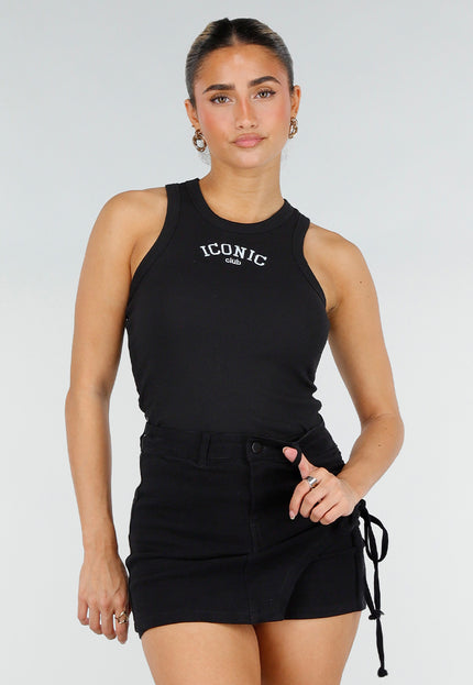 NEW290426 Zwarte Rib High Neck Top met Tekst