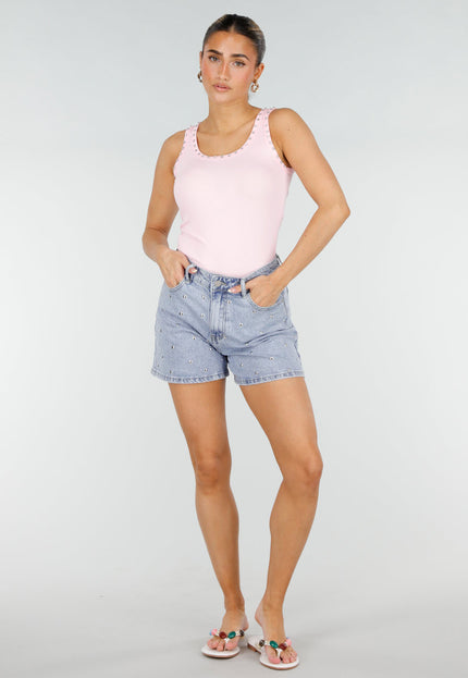 NEW290426 Roze Rib Tank Top met Glitters