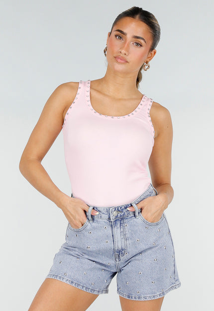 NEW290426 Roze Rib Tank Top met Glitters