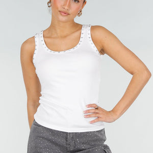NEW290426 Witte Rib Tank Top met Glitters