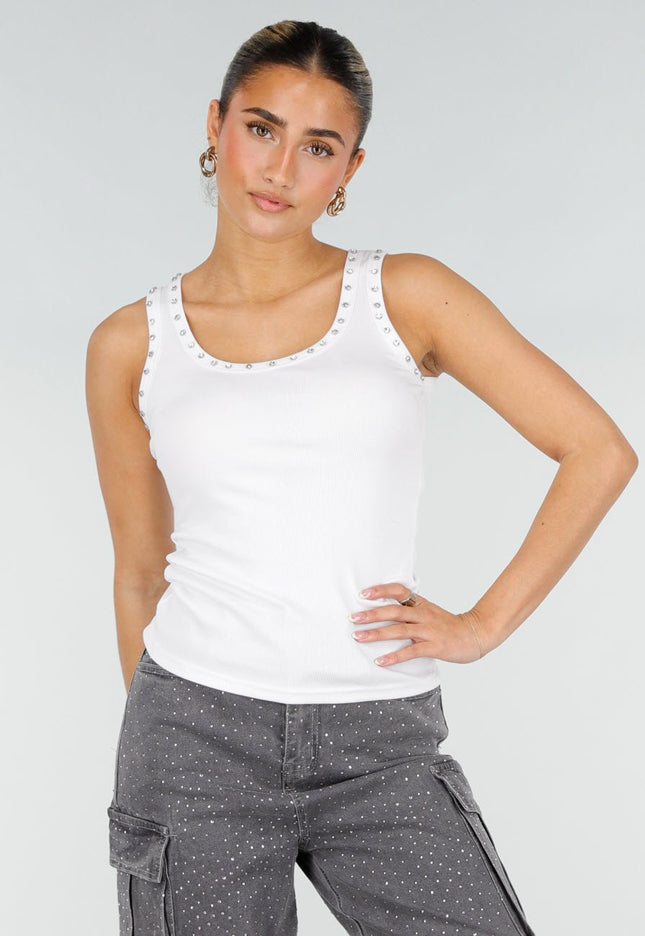 NEW290426 Witte Rib Tank Top met Glitters