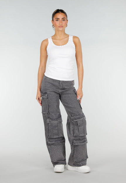 NEW290426 Witte Rib Tank Top met Glitters