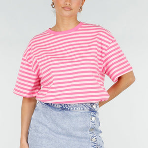 NEW290426 Roze Gestreept T-shirt met Korte Mouwen