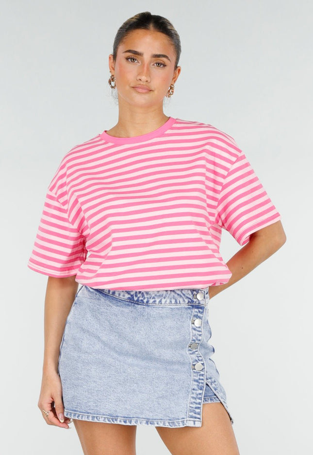 NEW290426 Roze Gestreept T-shirt met Korte Mouwen