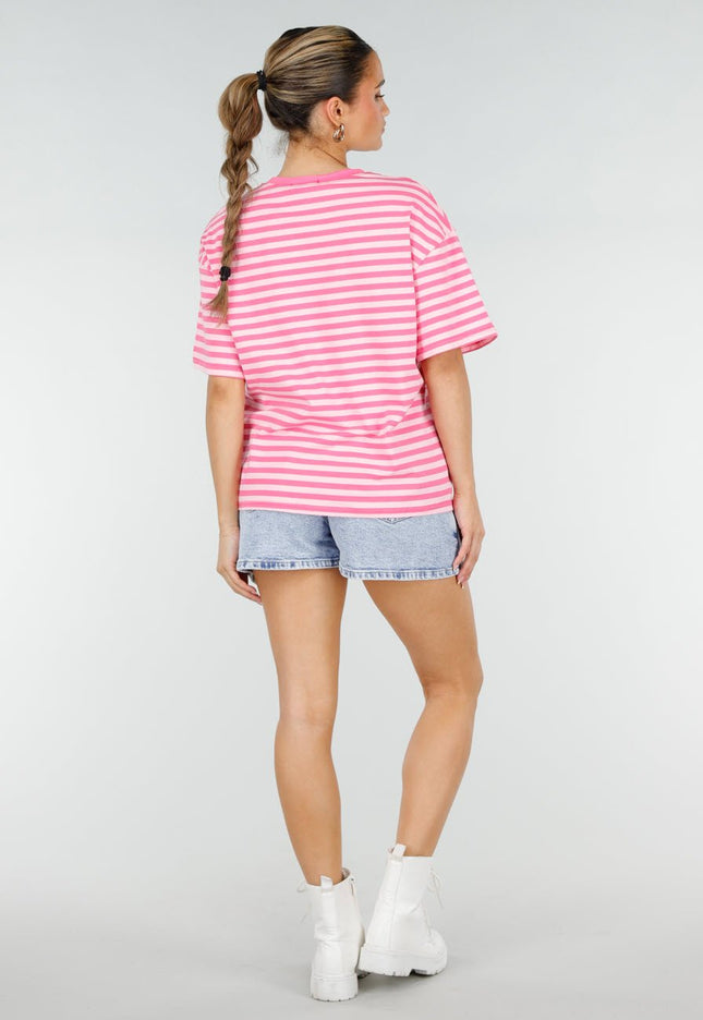 NEW290426 Roze Gestreept T-shirt met Korte Mouwen