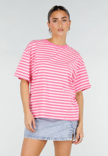 NEW290426 Roze Gestreept T-shirt met Korte Mouwen